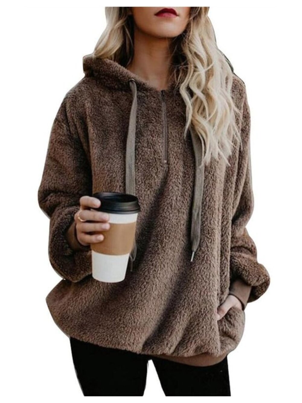 Womens Fuzzy Fleece Hoodie Sherpa Pullover 1/4 Zip Oversized Sweatshirt